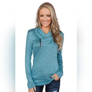 Heathered Teal Pullover Hoodie with Zip Accent